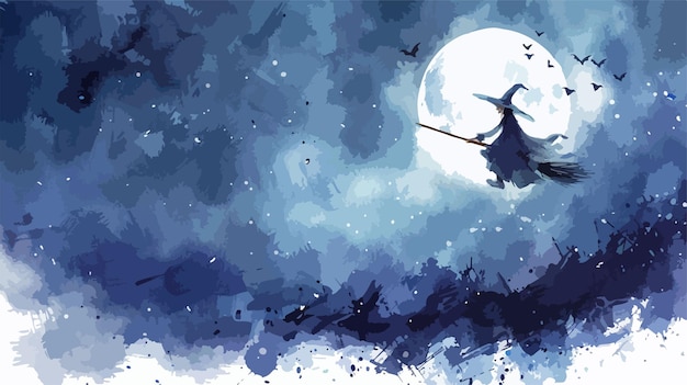 Old Witch on Broomstick Watercolor Illustration