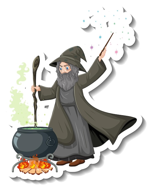 Old wizard brewing potion pot cartoon character sticker