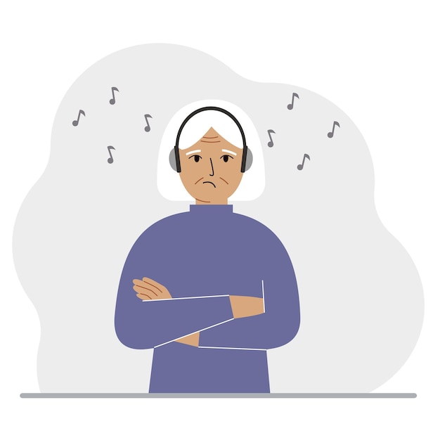 A old woman in headphones listens to music Podcast and hobby concept Character for decor design and print Vector flat illustration