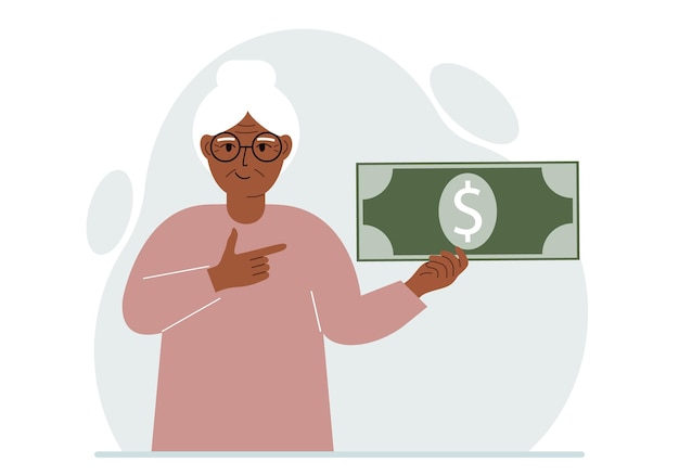 A old woman holds a large paper bill in his hand The concept of income expense earning or spending money