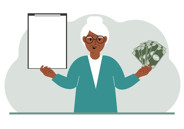 A old woman holds a lot of paper money in one hand and in the other a clipboard empty for text Concept for advertising banner or poster of earning or saving money