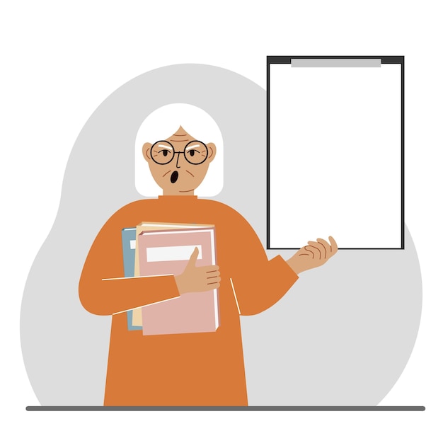 A old woman holds a stack of books in one hand a clipboard in the other space for text Knowledge education teaching personal improvement reading list Vector flat illustration