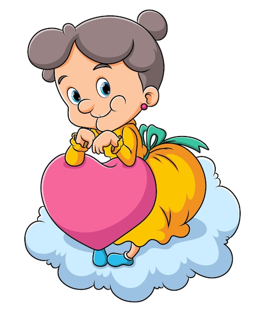 The old woman is holding the love doll and sitting on the cloud of illustration