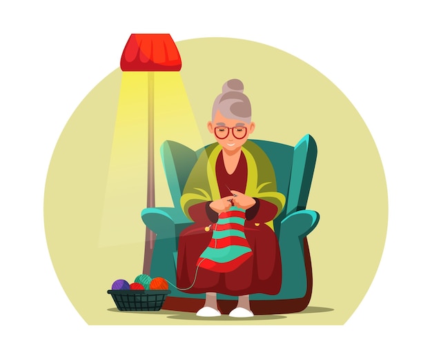 Old woman knitting aged lady grandmother cartoon character granny sitting in armchair with wool thread ball and needles