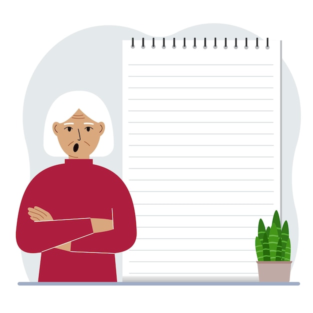 A old woman next to a large notepad or large notebook The concept of filling a notebook or notepad writing notes time management planning