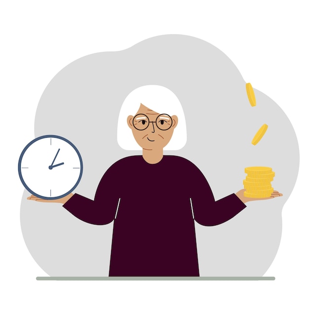 A old woman makes a decision or chooses between two options or alternatives a watch and a pile of coins The concept of time or money the balance between work and leisure