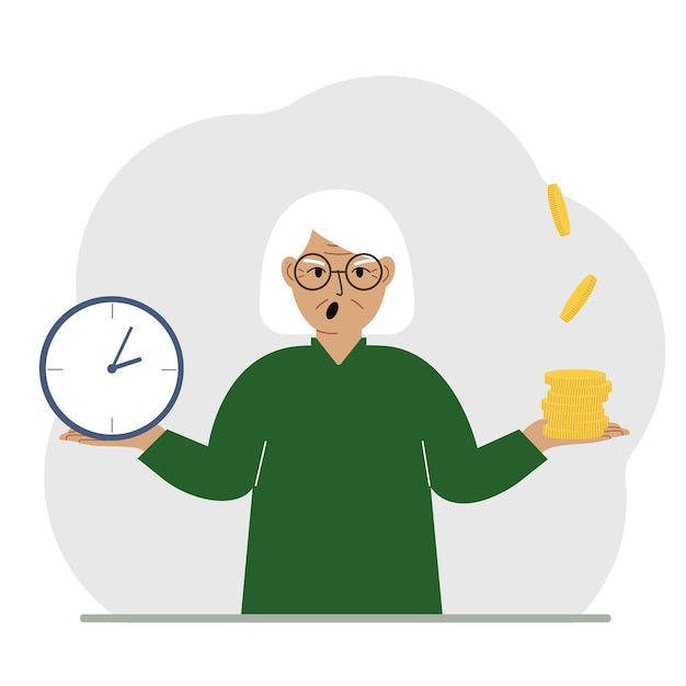 A old woman makes a decision or chooses between two options or alternatives a watch and a pile of coins The concept of time or money the balance between work and leisure