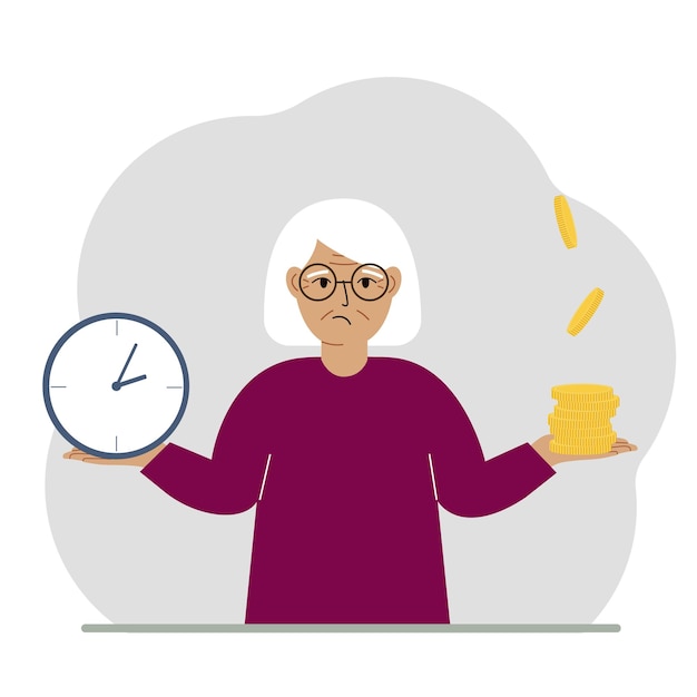 A old woman makes a decision or chooses between two options or alternatives a watch and a pile of coins The concept of time or money the balance between work and leisure