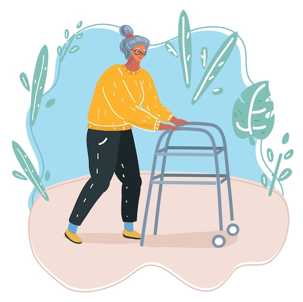 Old woman running with her walker