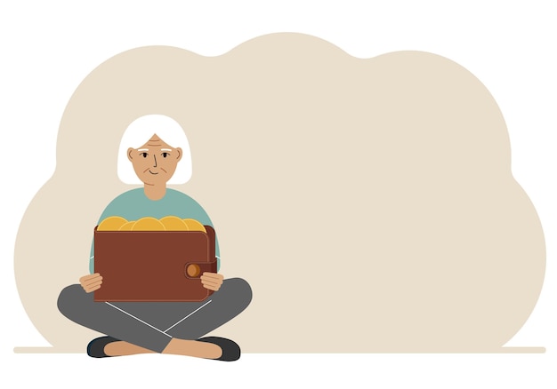 A old woman sits crosslegged and holds a large purse of coins The concept of a savings wallet a successful loan golden earnings with metal money in the currency