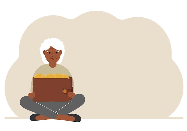 A old woman sits crosslegged and holds a large purse of coins The concept of a savings wallet a successful loan golden earnings with metal money in the currency