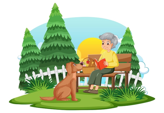 Old woman sitting on bench with a dog