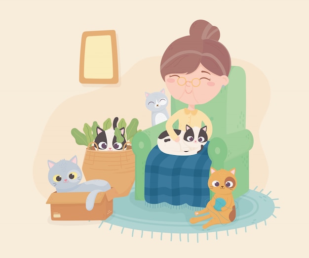 old woman sitting in chair with her cat and others playing room illustration