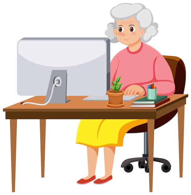 Old woman sitting in front of computer