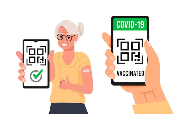 Old woman vaccinated showing arm with patch and smartphone with qr code passport. Digital health certificate