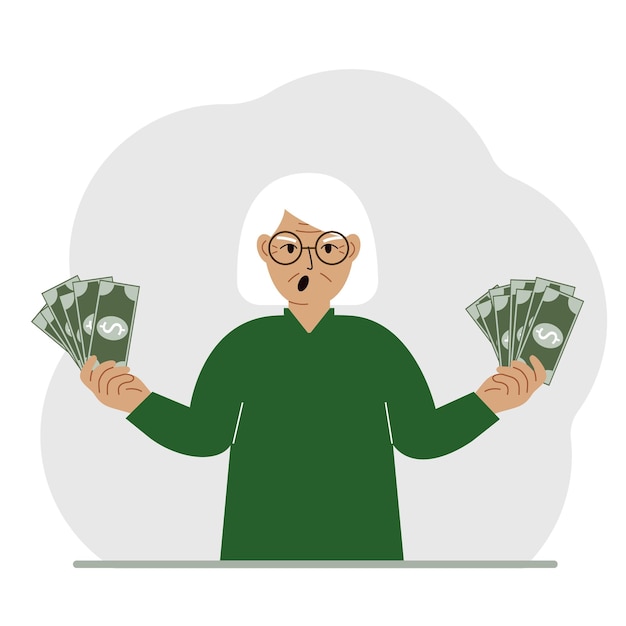 A old woman with banknotes in both hands The concept of wealth Vector flat illustration