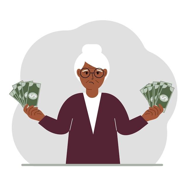 A old woman with banknotes in both hands The concept of wealth Vector