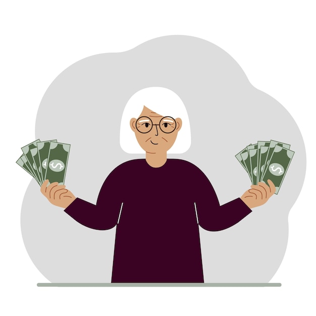 A old woman with banknotes in both hands The concept of wealth Vector