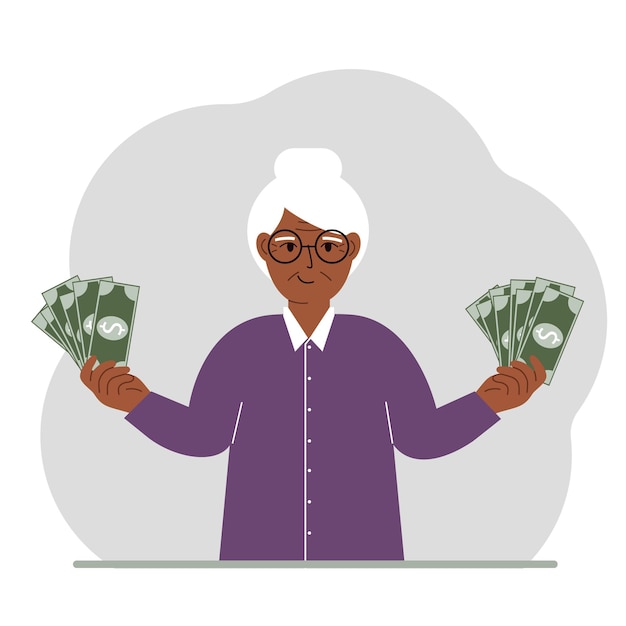 A old woman with banknotes in both hands The concept of wealth Vector