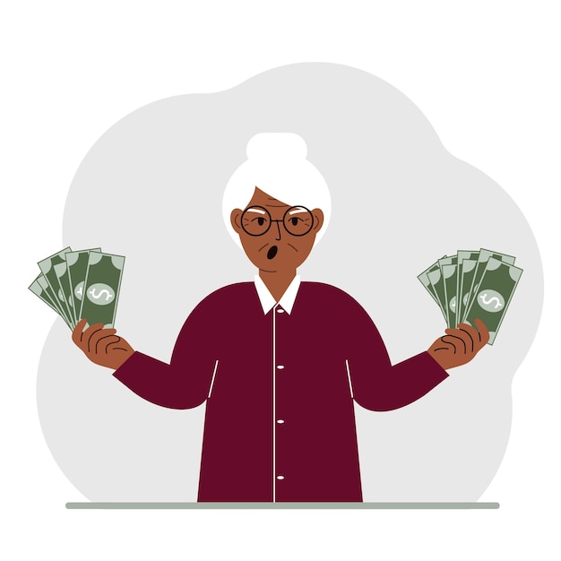 A old woman with banknotes in both hands The concept of wealth Vector