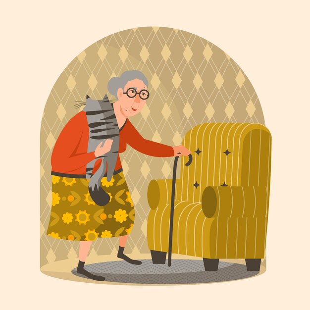 Vector old woman with cane holding cat and going to sit in chair