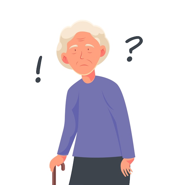 An old woman with a cane and question marks on her face