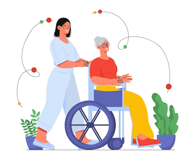 Vector old woman with care services concept pensioner with disability at chair at wheels nurse help patient doctor with grandmother health care and treatment cartoon flat vector illustration