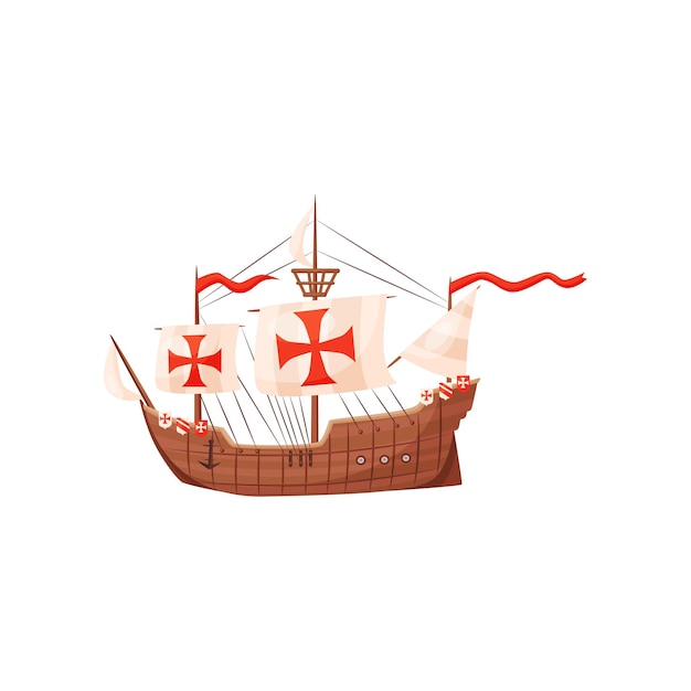 Old wooden ship with shields and sails with red crosses symbol of Knights Templar Nautical vessel Medieval water transport Graphic element for book or poster Isolated flat vector illustration