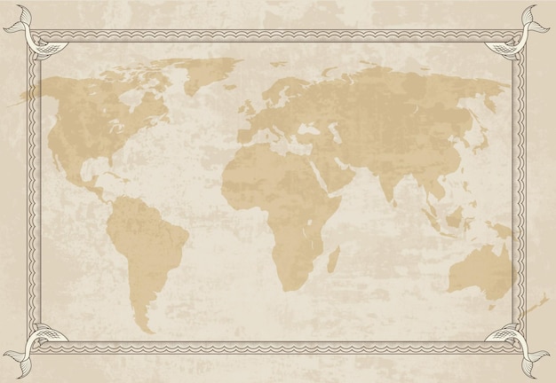 Vector old world map with frame retro design banner decorative antique museum picture element for marine theme and heraldry vector paper texture