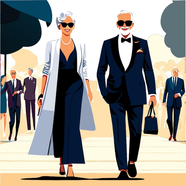 Vector older couple at a fashion show full body walking vector illustrator comic style style vector