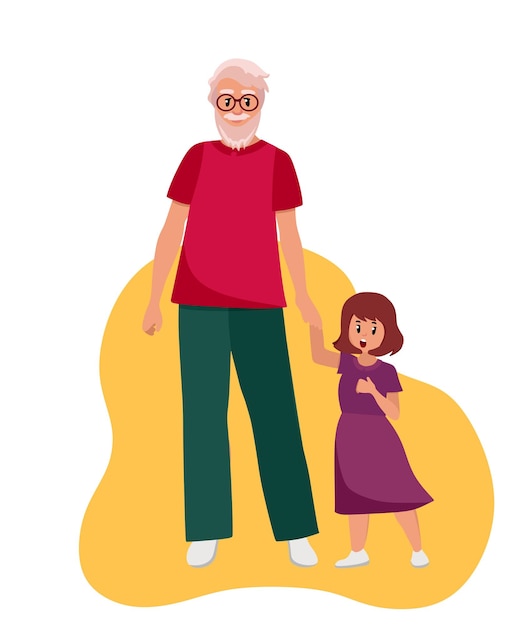 The older man grandfather walks with his granddaughter Elderly people are cartoon characters