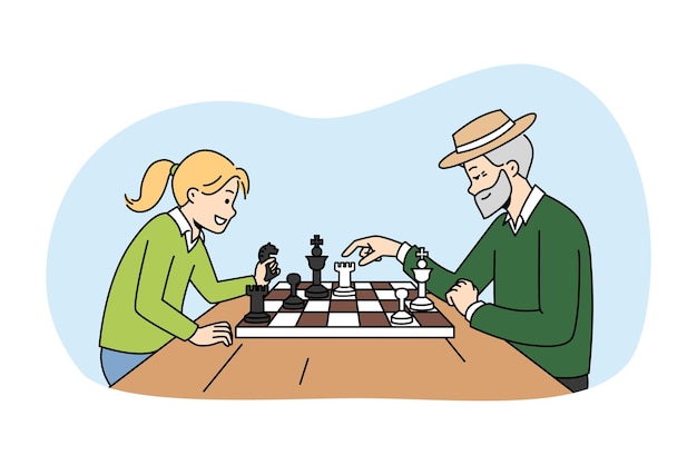 Older man playing chess with small girl