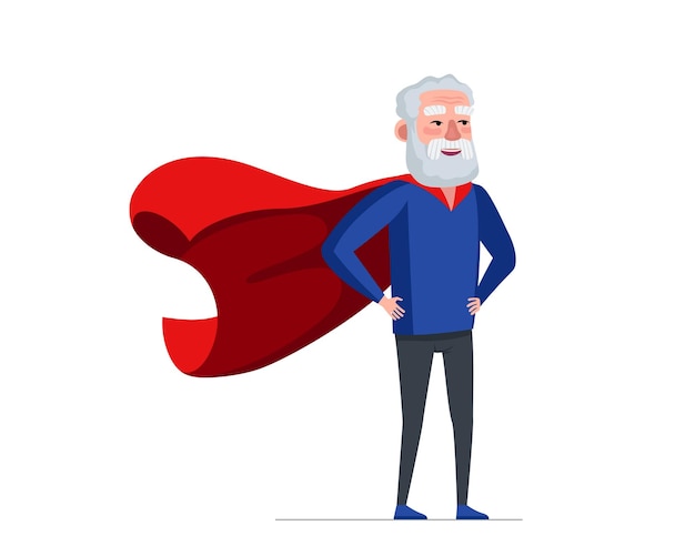 Older man in superhero costume wearing red cape super hero elderly male strong healthy old grandpa