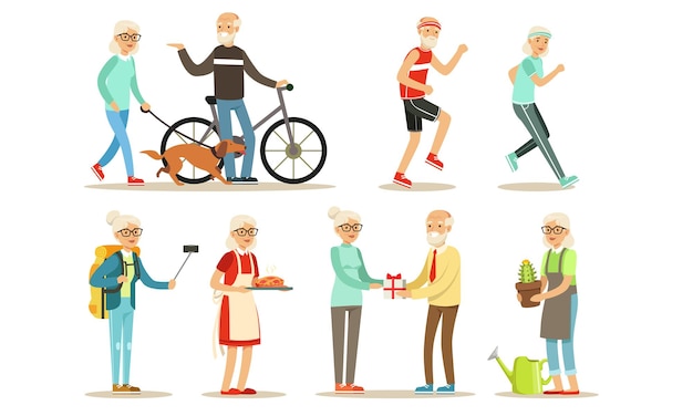 Older people lead an active lifestyle Set of vector illustrations