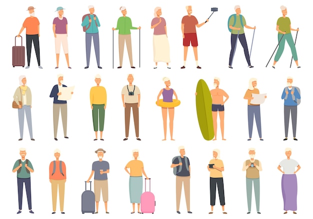 Older people travel icons set cartoon vector Senior walk