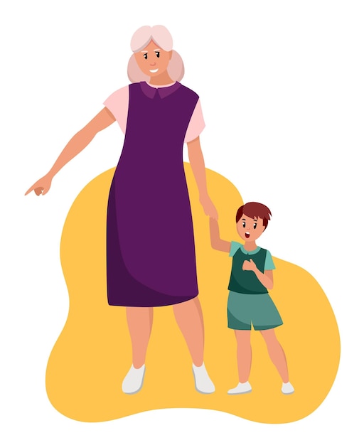 The older woman grandmother walks with her grandson Elderly people are cartoon characters