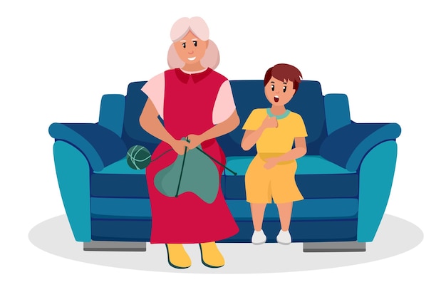 Vector the older woman is a grandmother with her grandson sitting on the couch elderly people are cartoon