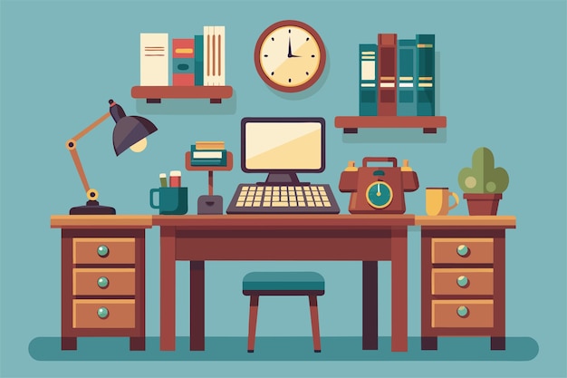 An oldfashioned desk displays a computer and telephone surrounded by books and a clock in a warm setting An old desk with oldfashioned computer and phone illustrated flat