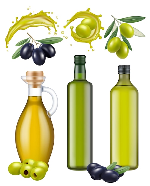 Olive bottles. Oil glass package healthy natural products for cooking food green and black greek olives vector realistic template