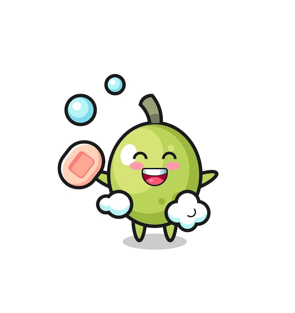 Olive character is bathing while holding soap