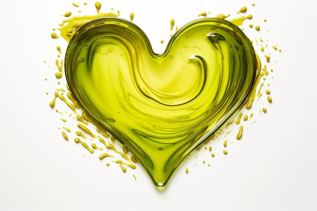 Olive or engine oil splashes in the shape of a heart isolated on white background