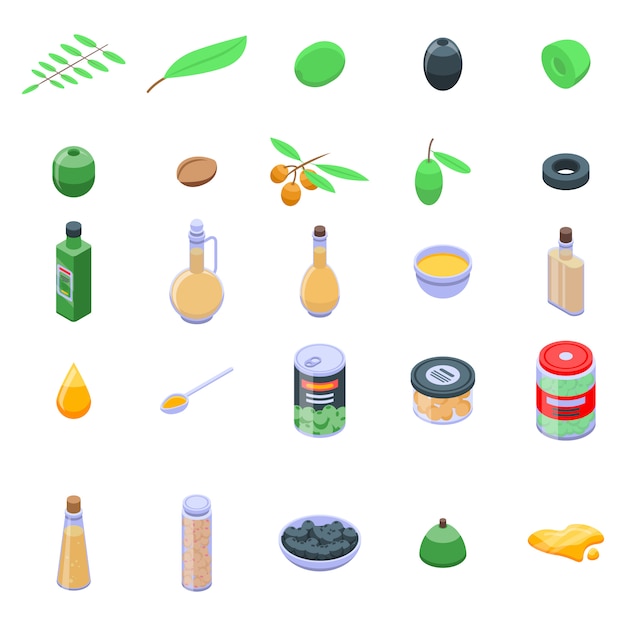 Olive icons set, isometric style