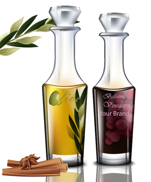 Olive oil and balsamic vinegar. Realistic detailed illustrations