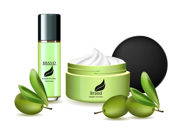 Vector olive oil cream and spray set vector realistic cosmetics. product package labels design