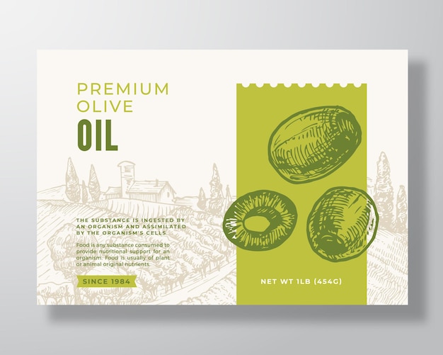 Olive Oil Label Template. Abstract Vector Packaging Design Layout. Modern Typography Banner with Hand Drawn Green Olives and Rural Landscape Background. Isolated.