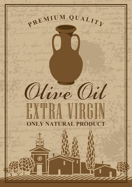 olive oil label with pitcher and Italian countryside