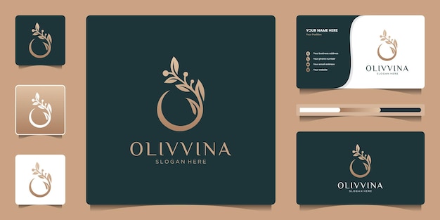 Olive oil logo design template with business card. Creative combine letter o and branch icon symbol.