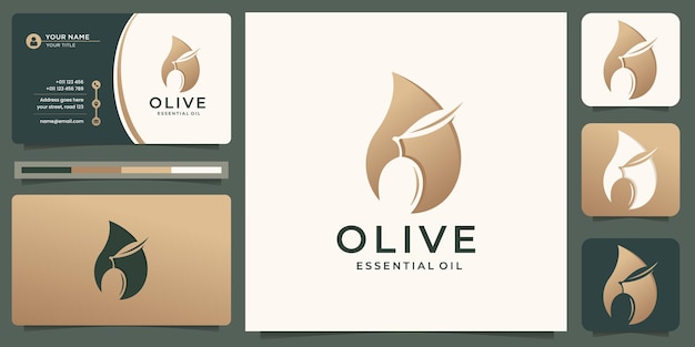 Olive oil logo template.combination oil and olive branch in silhouette shape.logo with business card