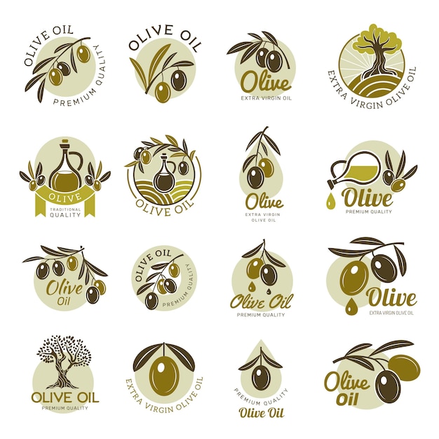 Olive products Black oil food green plants fruit labels recent vector healthy food symbols for logo design