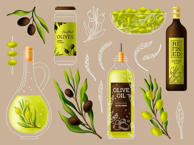 Vector olive products oil ingredients nature olives purity food greek symbols collection fresh raw in bowl bottle and jars swanky vector branches